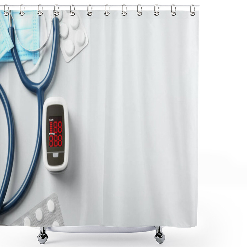 Personality  Flat Lay Composition With Modern Fingertip Pulse Oximeter And Medical Items On White Background. Space For Text Shower Curtains