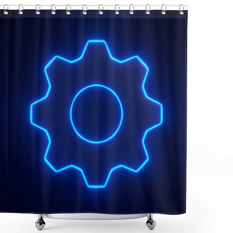 Personality  Gear Icon With Bright Glowing Futuristic Blue Neon Lights On Black Background. 3D Icon, Sign And Symbol. Front View. 3D Render Illustration Shower Curtains