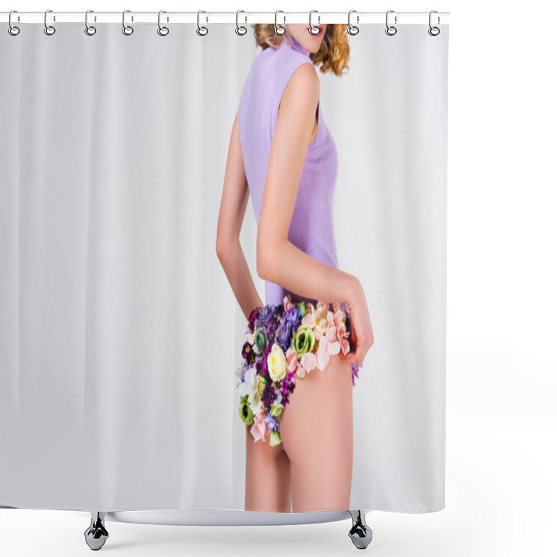 Personality  Cropped Shot Of Beautiful Tender Woman In Panties Made Of Flowers Standing Isolated On Grey Shower Curtains