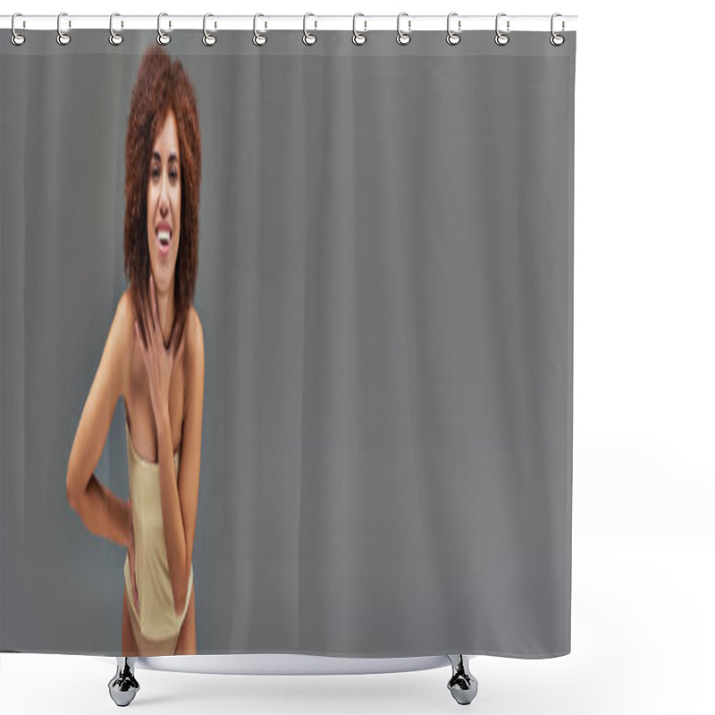 Personality  Happy Attractive African American Woman In Pastel Underwear Smiling Cheerfully, Fashion, Banner Shower Curtains