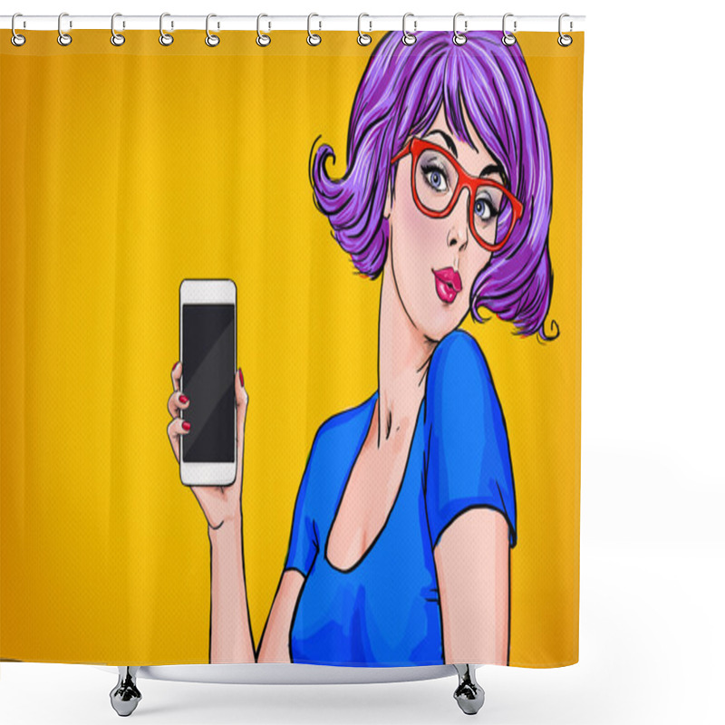 Personality  Girl With Smart-phone In The Hand In Comic Style. Girl With Phone. Girl Showing The Mobile Phone.Girl In Glasses. Hipster Girl Making Selfie.Sexy Violet Hair Girl With Cellphone. Digital Advertisement Shower Curtains