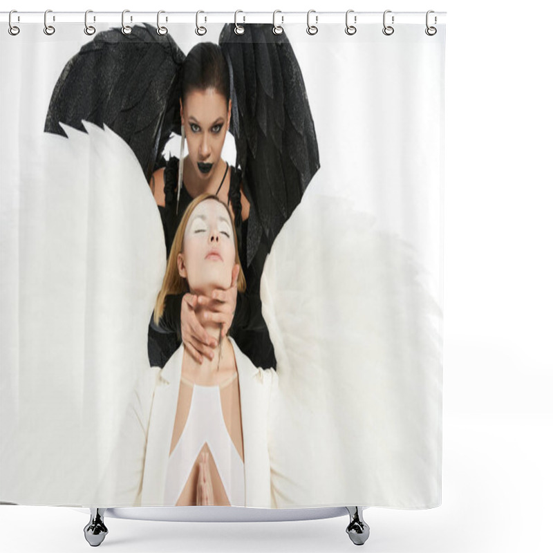 Personality  Dark Winged Demon Tempting Holy Angel Praying On White, Concept Of Epic Battle Of Good Vs Evil Shower Curtains