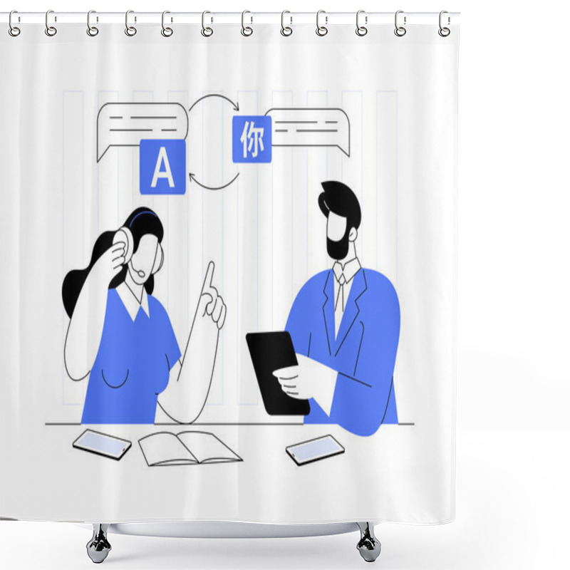 Personality  Translation Service Isolated Cartoon Vector Illustrations. Professional Synchronic Translators At Work, Freelance Job, Small Business, Multilingual People, Interpreter Service Vector Cartoon. Shower Curtains