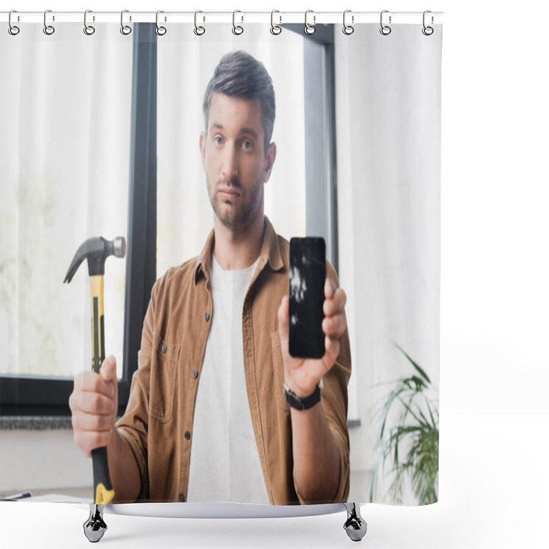 Personality  Sad Businessman With Hammer Looking At Camera While Showing Damaged Smartphone With Blurred Window On Background Shower Curtains