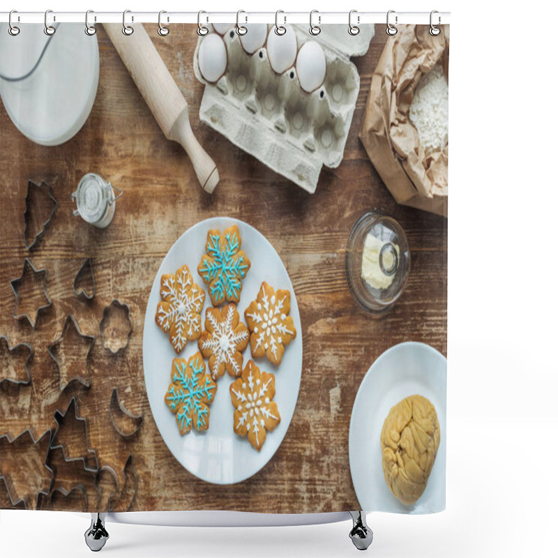 Personality  Flat Lay With Christmas Cookies On Plate, Ingredients And Cookie Cutters Arranged On Wooden Tabletop Shower Curtains