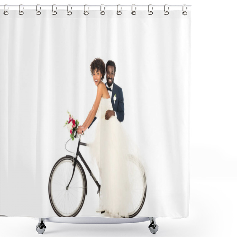 Personality  Happy African American Bridegroom Near Cheerful Bride Riding Bicycle Isolated On White  Shower Curtains