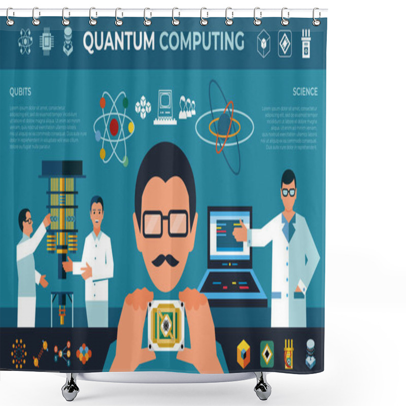 Personality  Digital Vector Quantum Computing With Engineers And Physics Simple Icons Set Collection Flat Style Infographics, New Age Science Shower Curtains