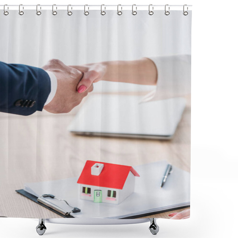 Personality  Partial View Of Businessman Shaking Hands With Client Near House Model On Tabletop Shower Curtains