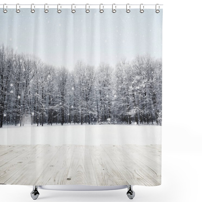 Personality  Wooden Table Over Winter Snow Covered Forest. Beauty Nature Background Shower Curtains