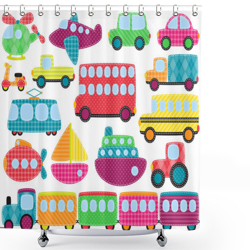 Personality  Vector Collection Of Cute Patchwork Style Transportation Images Shower Curtains