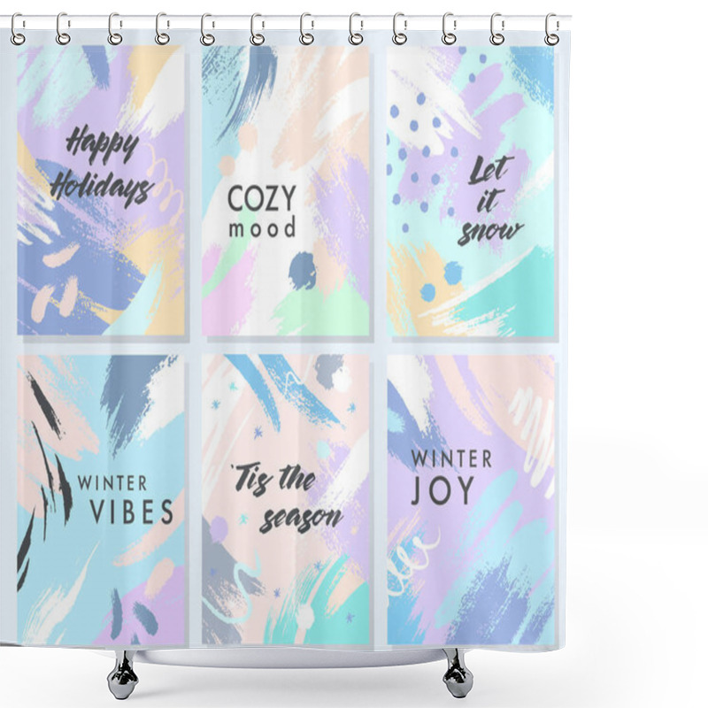 Personality  Unique Artistic Holidays Cards With Hand Drawn Shapes And Textures In Soft Pastel Colors.Trendy Greetings Design Perfect For Prints,flyers,banners,invitations,special Offer And More.Vector Collages. Shower Curtains