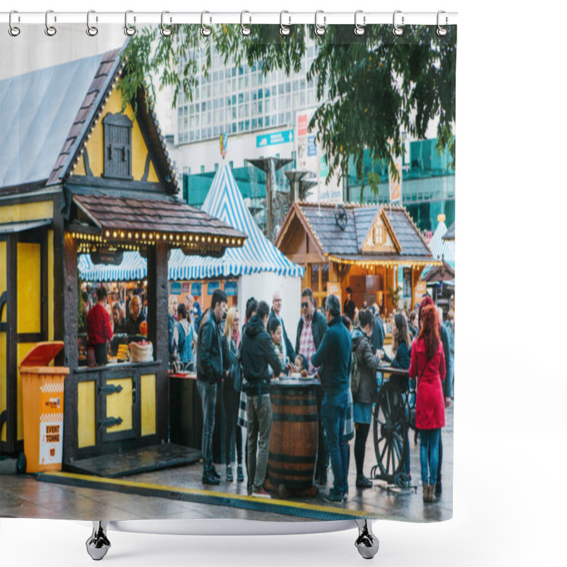 Personality  Berlin, October 03, 2017: Celebrating The Oktoberfest. People Walk On The Street Market On The Famous Alexanderplatz Square. Many Stalls With Souvenirs And Food Nearby. People Eat Traditional Food. Shower Curtains