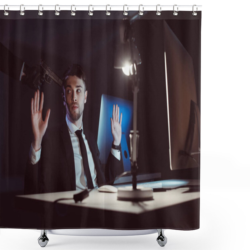 Personality  Agent With Gun At Head And Hands Up Sitting At Table With Computer Screen In Dark Shower Curtains