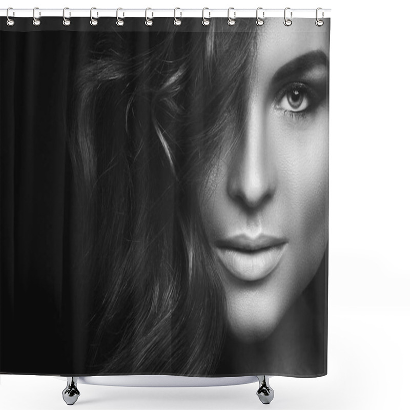 Personality  Black And White Portrait Of  Woman With Curly Hair And Beautiful Make-up Shower Curtains