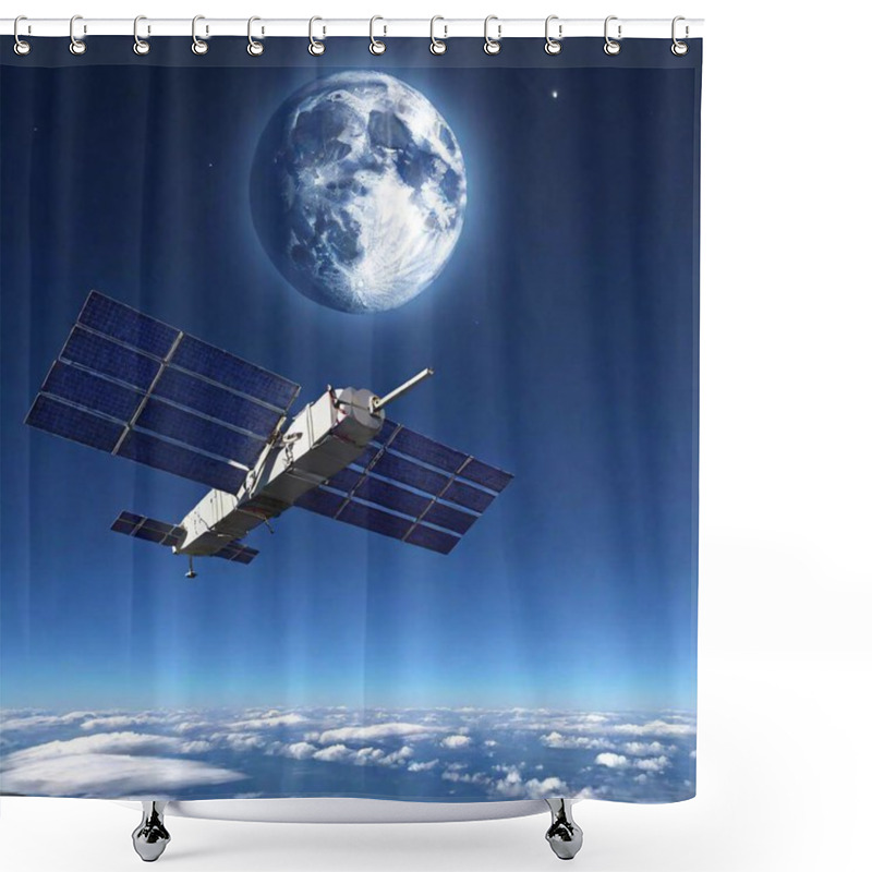 Personality  A High-resolution Ultrarealistic Image Of A Satellite Orbiting Above The Earth, Captured In Stunning Detail. The Satellite Features Intricate Solar Panels And Various Metallic Components, Reflecting The Sunlight. Below, A Blanket Of White Clouds Shower Curtains