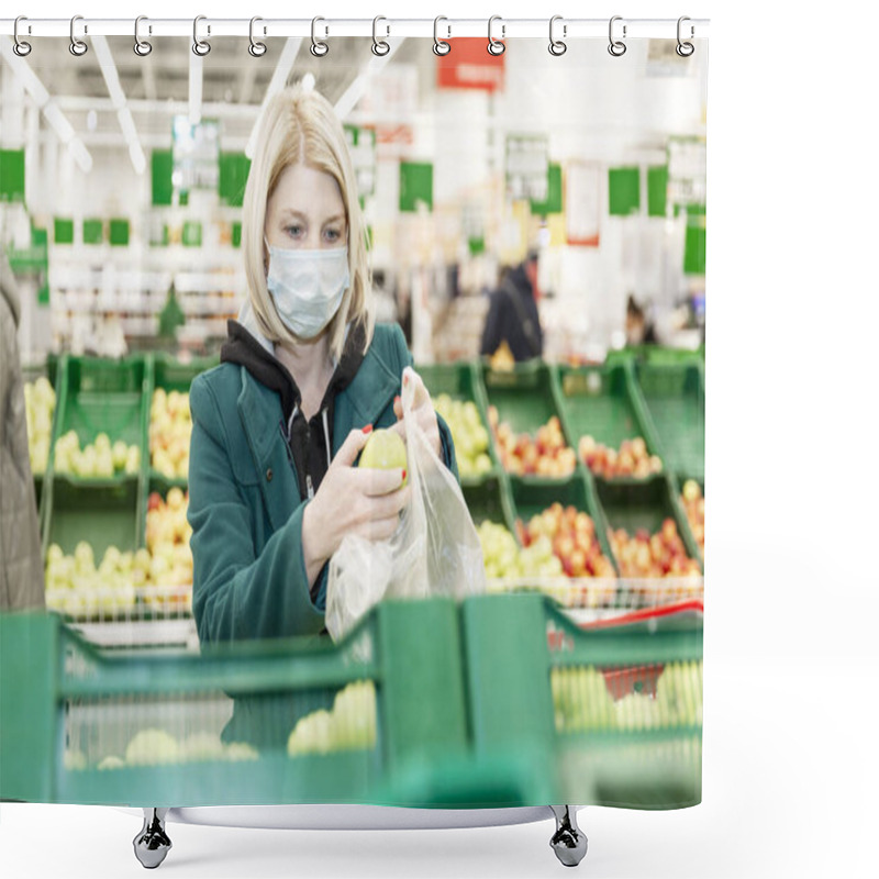 Personality  A Blond Woman In A Medical Mask Is Shopping At The Supermarket. Quarantine In The Coronavirus Pandemic. Shower Curtains