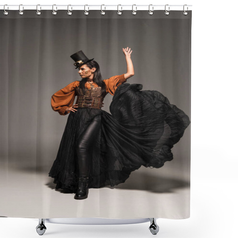 Personality  Full Length View Of Attractive Steampunk Woman In Top Hat With Goggles Standing With Hand On Hip On Grey Shower Curtains