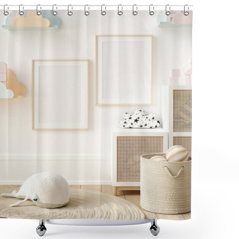 Personality  Frame Poster Mockup In Children Room Interior Background, 3D Render Shower Curtains