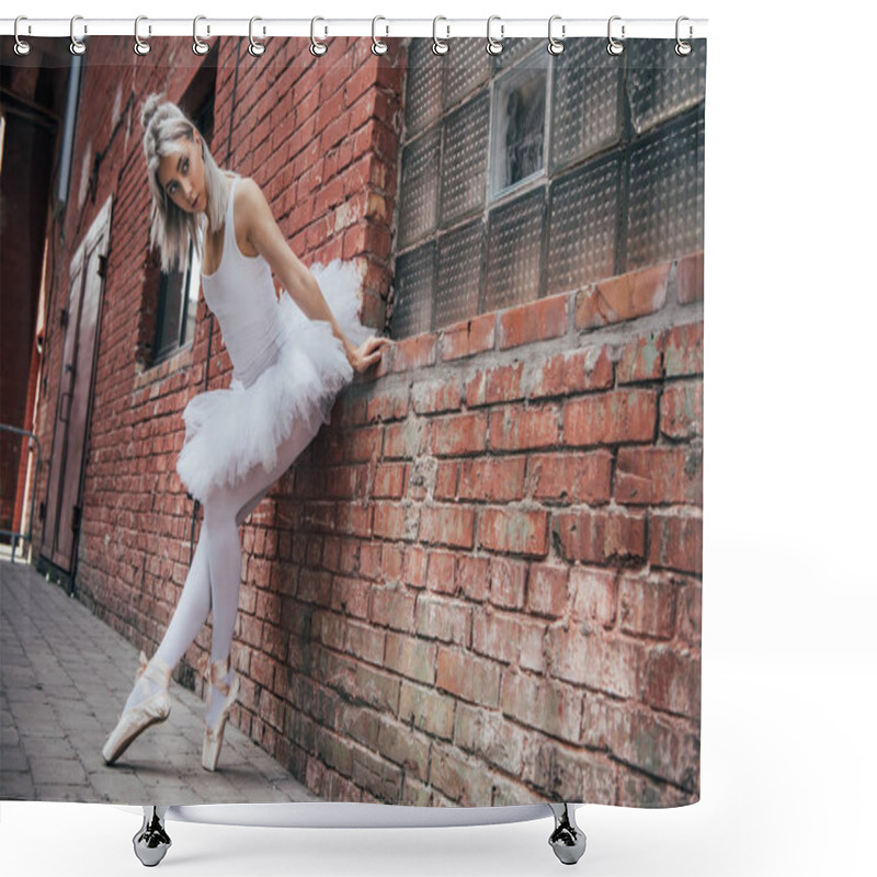 Personality  Beautiful Young Ballerina Leaning At Brick Wall And Looking Away Shower Curtains