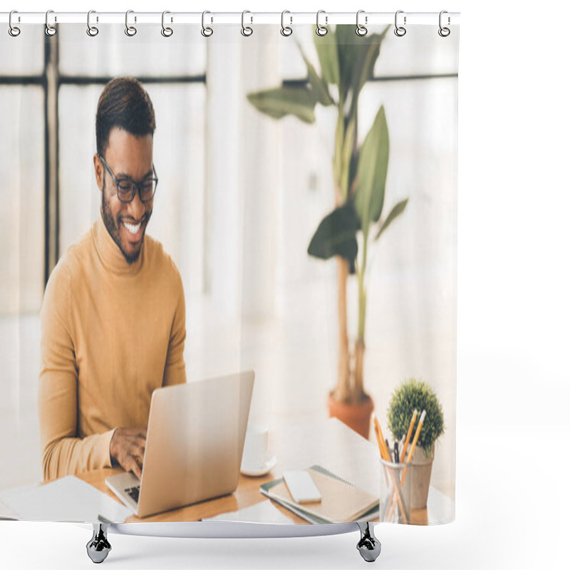 Personality  Headshot Of Handsome Black Guy Using Laptop Shower Curtains