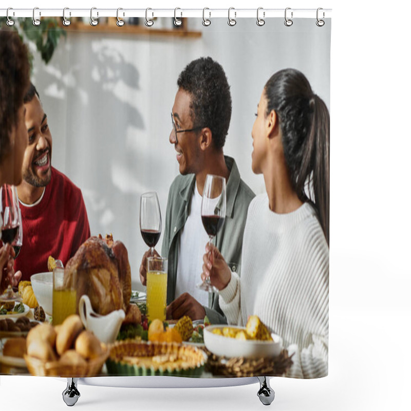 Personality  A Group Of Friends Shares Laughter And Delicious Food During Their Thanksgiving Celebration At Home. Shower Curtains