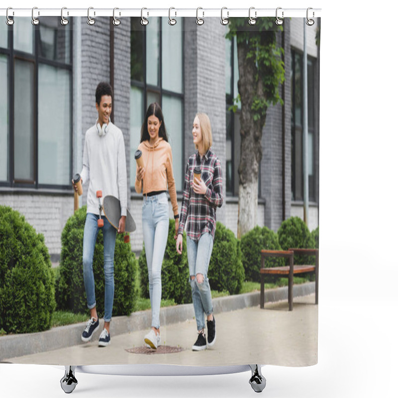 Personality  Smiling Teenagers Walking And Holding Disposable Cups And Skateboard  Shower Curtains