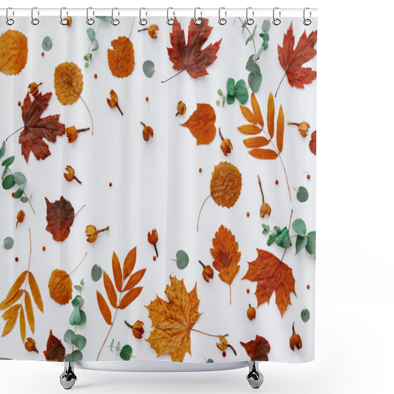 Personality  Autumn Composition Of Autumn Dried Leaves On White Background. Flat Lay, Top View. Close Up View Shower Curtains