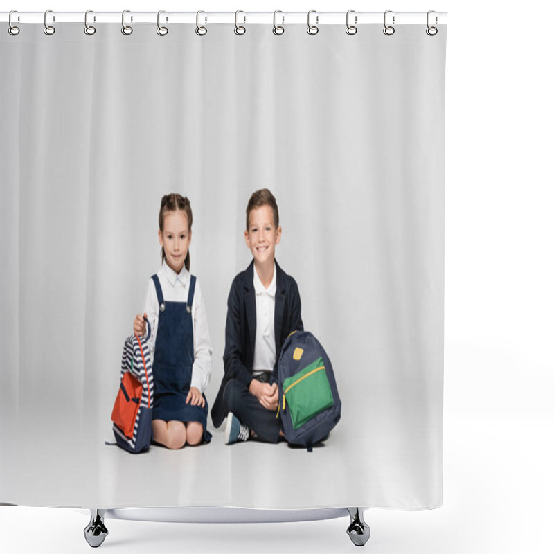 Personality  Cheerful Schoolkids In Uniform Sitting With Backpacks On Grey Shower Curtains