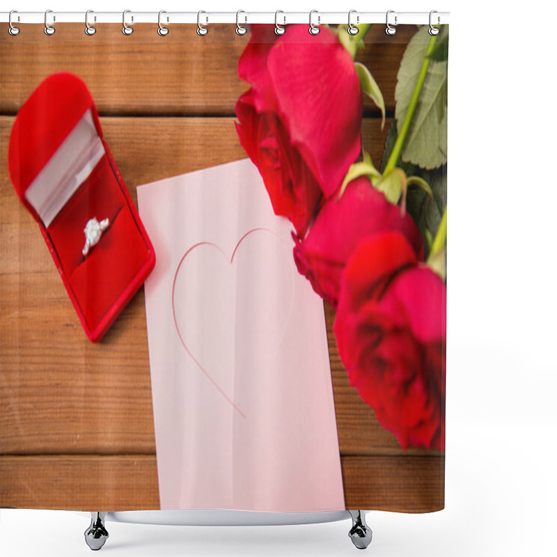 Personality  Close Up Of Diamond Ring, Roses And Greeting Card Shower Curtains