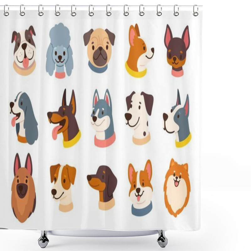 Personality  Dog Avatars. Cartoon Dog Faces. Various Doggy Heads. Cute Puppy Portraits Of Different Breeds. Friendly Profiles Pet Icons. Funny Muzzles. Vector Set. Shower Curtains