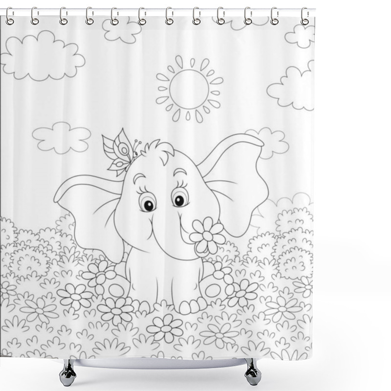 Personality  Little Elephant Playing With A Funny Butterfly On Grass Among Flowers On A Sunny Summer Day, Black And White Vector Illustration In A Cartoon Style For A Coloring Book Shower Curtains