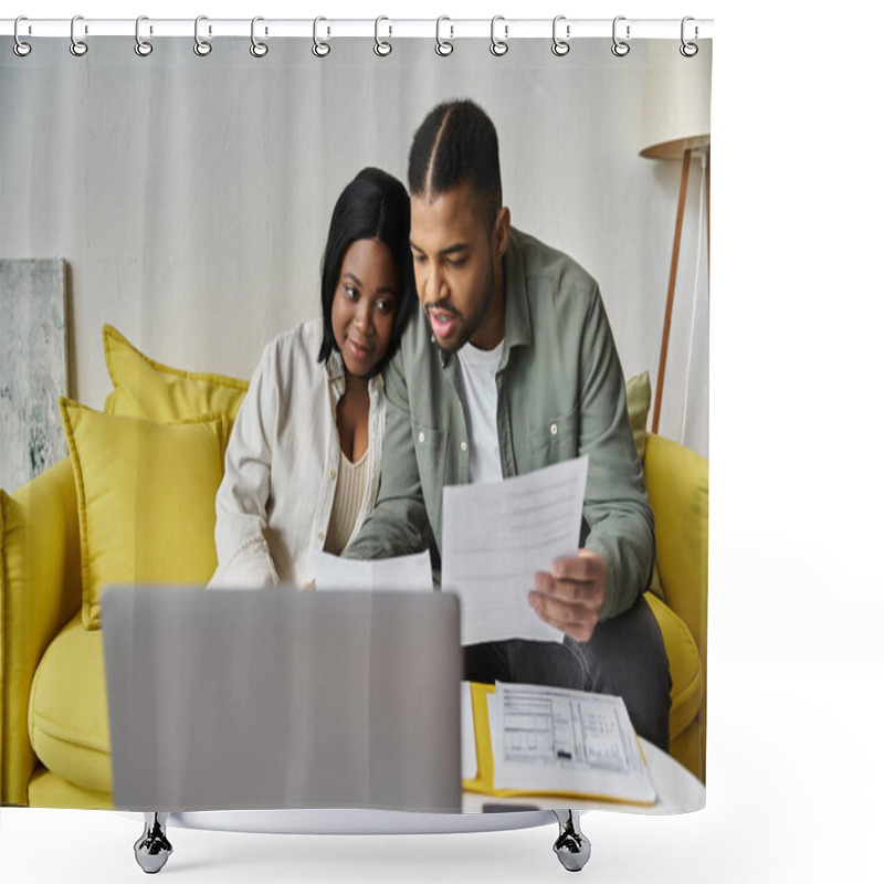 Personality  A Loving African American Couple Sit On A Couch Reviewing Paperwork And Using A Laptop. Shower Curtains