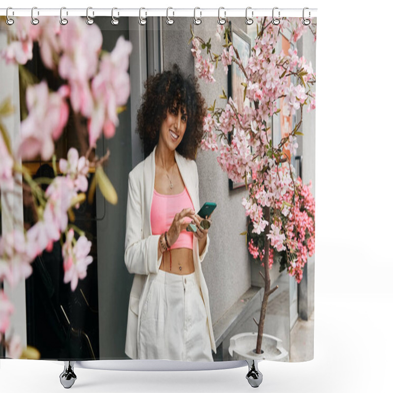 Personality  A Woman In Stylish Attire Enjoys A Trip Through A European City, Surrounded By Blooming Cherry Blossoms. Shower Curtains