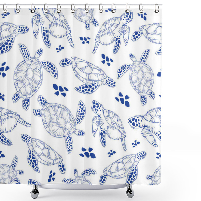 Personality  Blue Sea Turtle Linear Repeat Seamless Pattern Shower Curtains