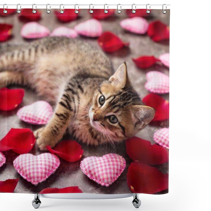 Personality  Cute Fluffy Kitten Nestled Among Rose Petals With Small Heart-shaped Decorations Scattered Around.  Shower Curtains