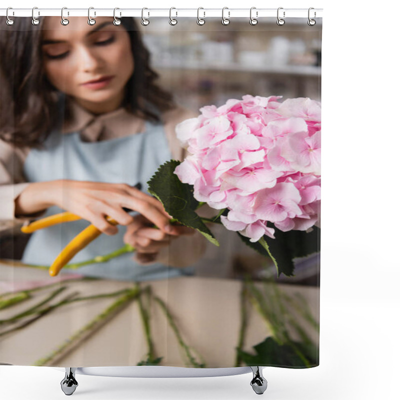 Personality  Close Up View Of Blooming Hydrangea With Blurred Florist With Secateurs On Background Shower Curtains