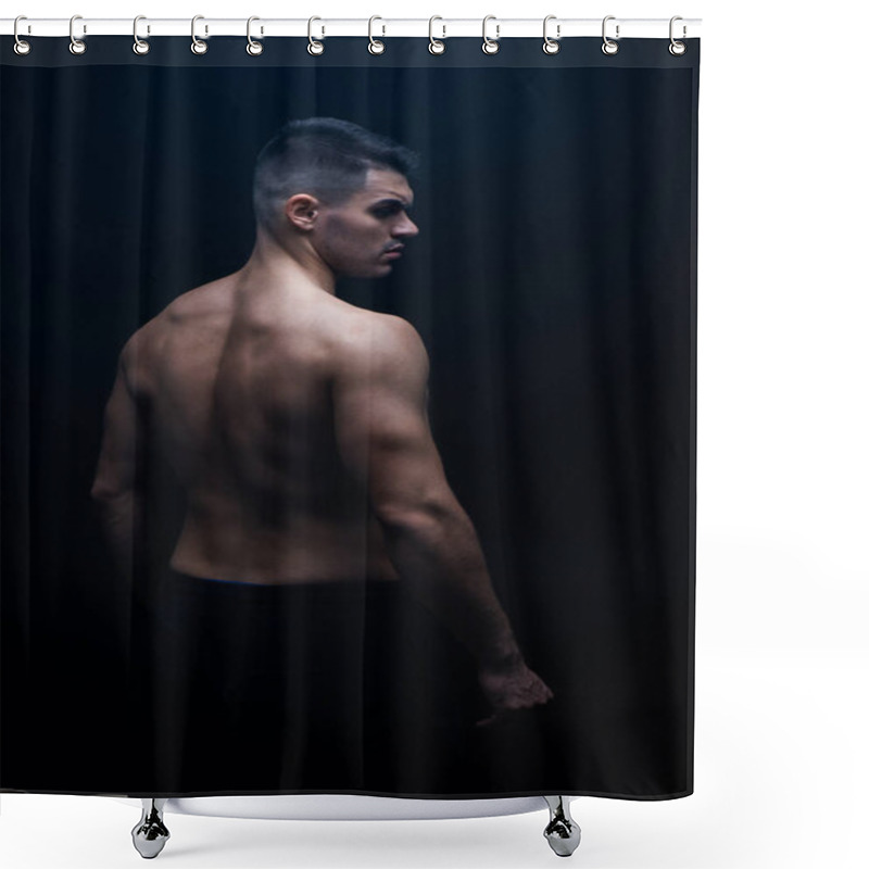 Personality  Back View Of Sexy Muscular Bodybuilder With Bare Torso Posing Isolated On Black Shower Curtains