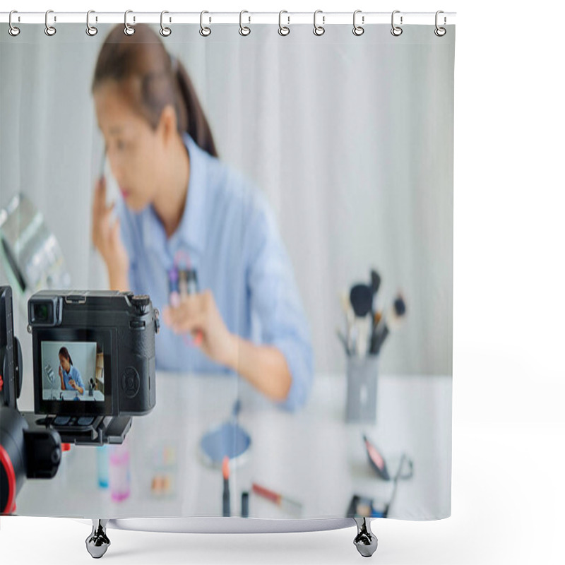 Personality  Woman Making A Video For Her Blog On Cosmetics Using Digital Camera. Young Female Blogger On Camera Screen Holding Cosmetics. Shower Curtains