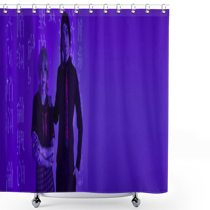 Personality  Anime Style Students In Uniform And Wigs In Blue Neon Light With Hieroglyphs Projection, Banner Shower Curtains