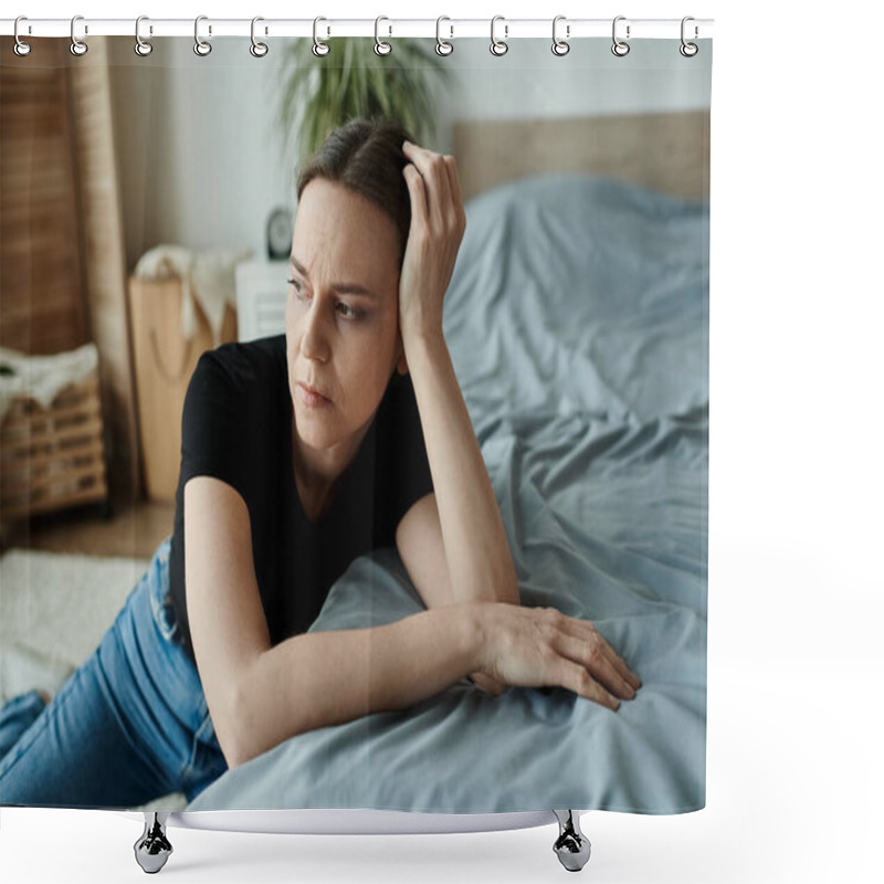 Personality  Middle-aged Woman Lying On Bed With Head In Hands, Showing Signs Of Depression. Shower Curtains