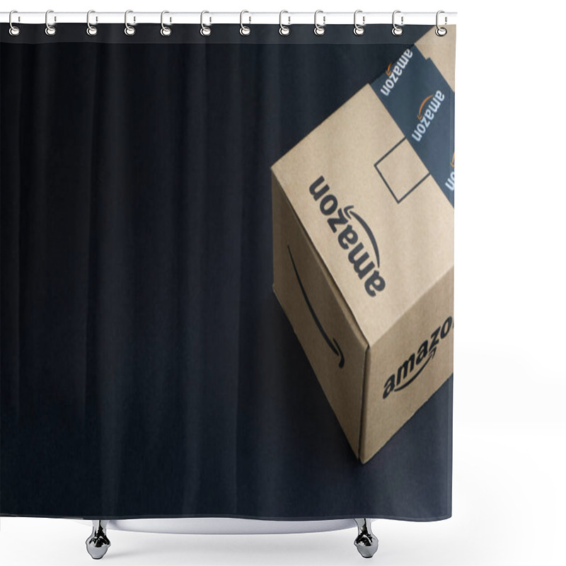 Personality  Kuala Lumpur, Malaysia - April 1, 2020 : Amazon Prime Box Or Amazon Shipping Box On Black Background. Crop Fragment, Business Concept Shower Curtains