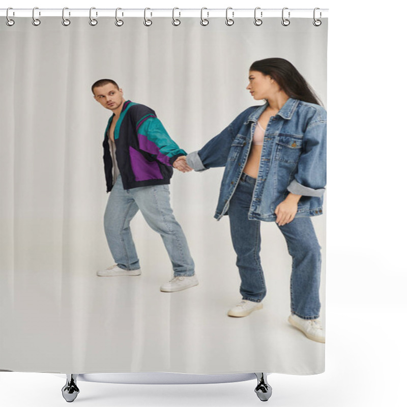 Personality  A Beautiful Young Couple Dressed In Trendy Outfits Enjoys Their Time Together, Showcasing Love. Shower Curtains