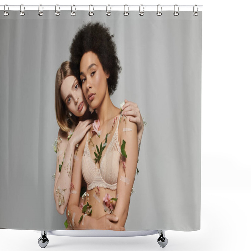 Personality  Two Women Share A Tender Moment Adorned With Delicate Flowers. Shower Curtains