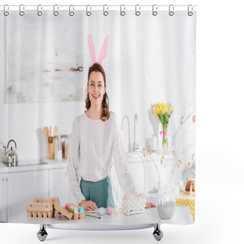 Personality  Smiling Woman In Bunny Ears With Painted Easter Egg In Kitchen Shower Curtains