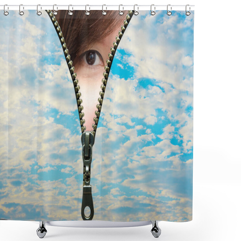 Personality  Woman's Eyes Looking  Out Of Zip Opened Though The Sky Shower Curtains