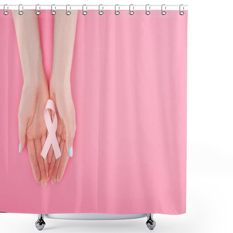 Personality  Partial View Of Woman With Pink Breast Cancer Sign On Pink Background With Copy Space Shower Curtains