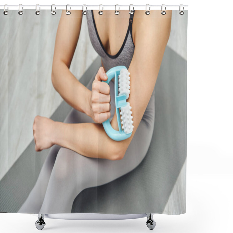 Personality  Top View Of Young Woman In Sportswear Massaging Muscle On Arm With Handled Massager And Sitting On Fitness Mat At Home, Therapeutic Tool For Massage And Holistic Wellness Practices Concept Shower Curtains