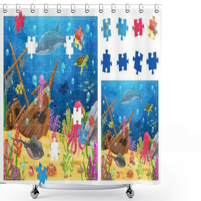 Personality  Kids Jigsaw Puzzle Logic Game With Sunken Ship At Underwater Landscape. Vector Riddle With Colorful Marine Life As A Dolphin, Octopus And Turtle, Promoting Problem-solving Skills And Educational Fun Shower Curtains