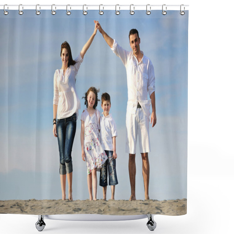 Personality  Family On Beach Showing Home Sign Shower Curtains