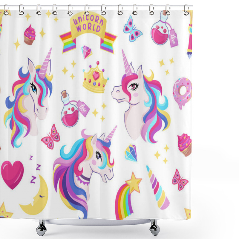 Personality  Magic Unicorn Icon Seamless Pattern With Magic Wand, Stars With Rainbow, Diamonds, Crown, Crescent, Heart, Butterfly, Decor For Girl Birthday, Vector Shower Curtains